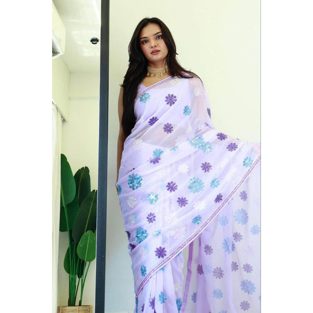 Isadora Life Womens Floral Sequined Lavender Pre-Draped Saree With Unstitched Blouse
