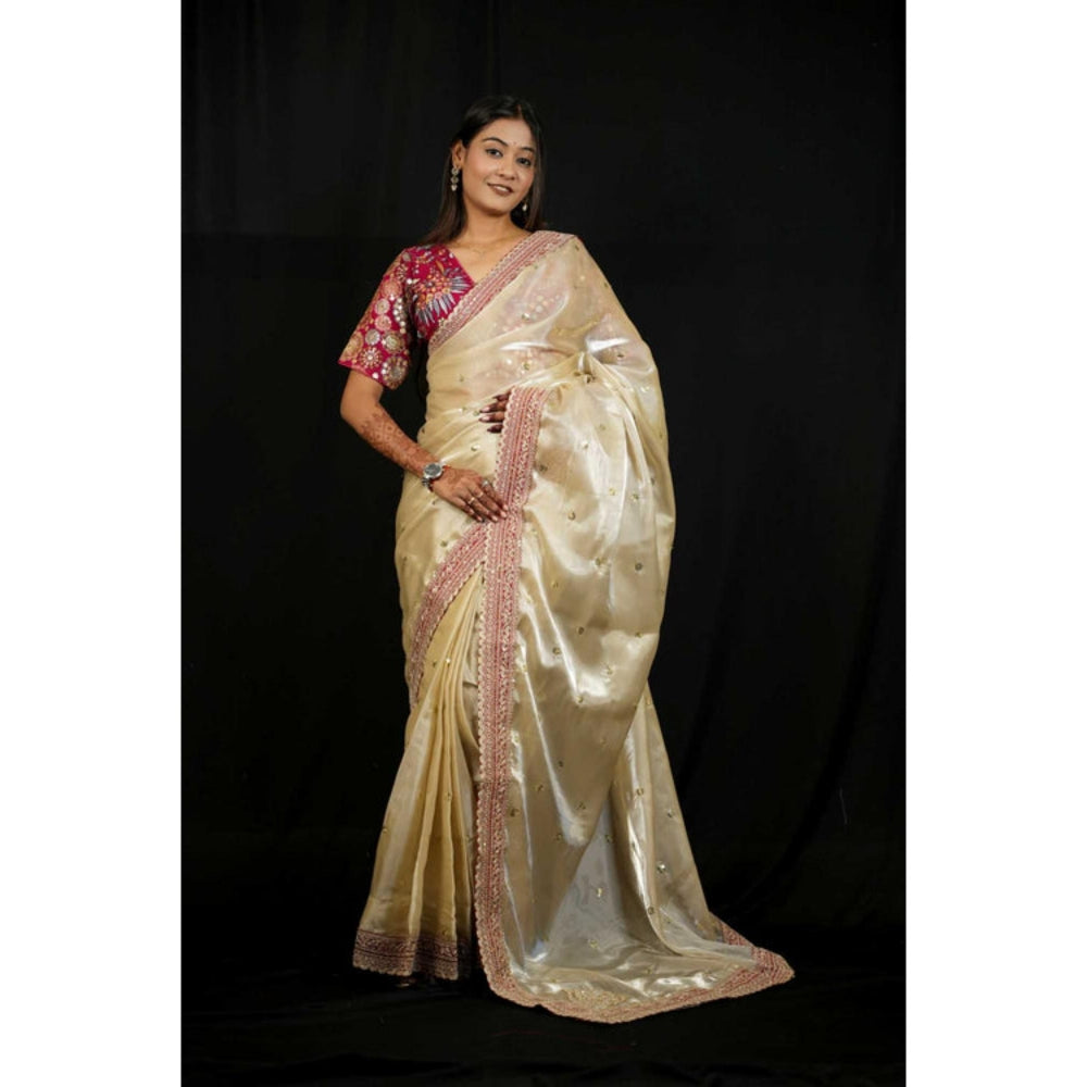 Isadora Life Womens Embroidered Sequined Ivory Pre-Draped Saree With Unstitched Blouse