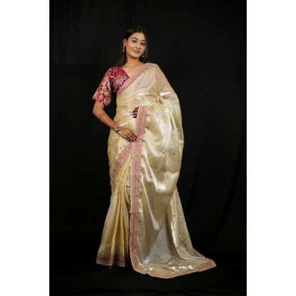 Isadora Life Womens Embroidered Sequined Ivory Pre-Draped Saree With Unstitched Blouse