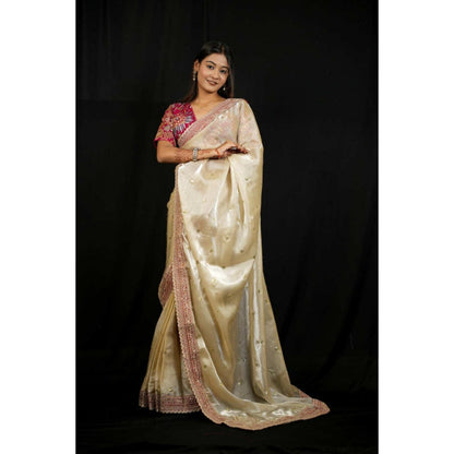 Isadora Life Womens Embroidered Sequined Ivory Pre-Draped Saree With Unstitched Blouse