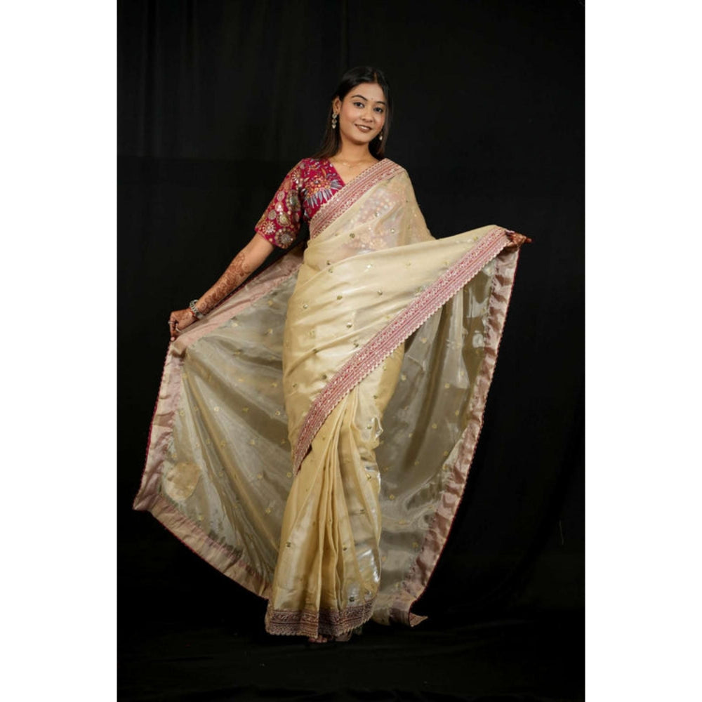 Isadora Life Womens Embroidered Sequined Ivory Pre-Draped Saree With Unstitched Blouse
