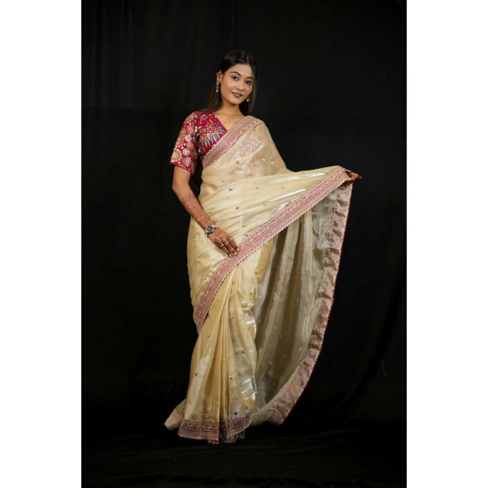 Isadora Life Womens Embroidered Sequined Ivory Pre-Draped Saree With Unstitched Blouse