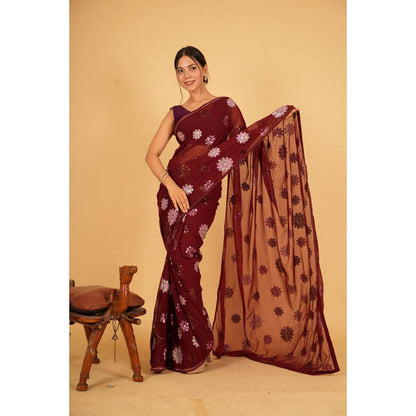 Isadora Life Womens Floral Sequined Maroon Pre-Draped Saree With Unstitched Blouse