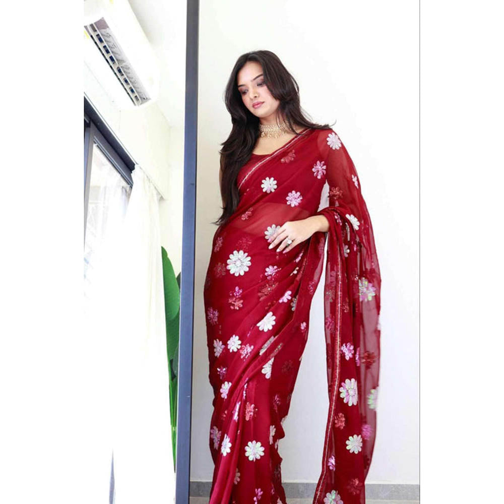 Isadora Life Womens Floral Sequined Maroon Pre-Draped Saree With Unstitched Blouse