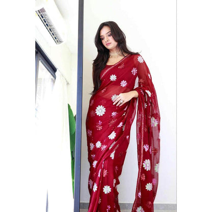 Isadora Life Womens Floral Sequined Maroon Pre-Draped Saree With Unstitched Blouse