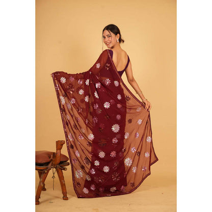 Isadora Life Womens Floral Sequined Maroon Pre-Draped Saree With Unstitched Blouse