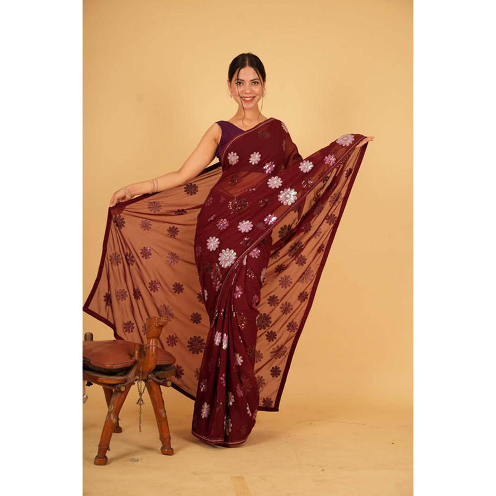 Isadora Life Womens Floral Sequined Maroon Pre-Draped Saree With Unstitched Blouse