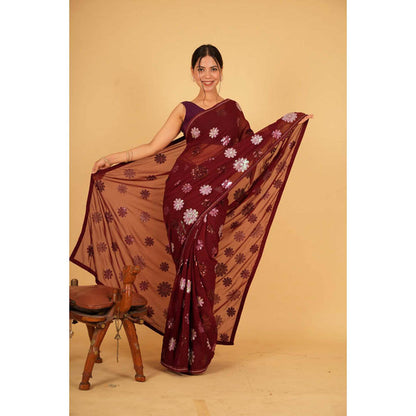 Isadora Life Womens Floral Sequined Maroon Pre-Draped Saree With Unstitched Blouse