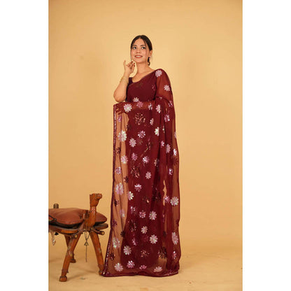 Isadora Life Womens Floral Sequined Maroon Pre-Draped Saree With Unstitched Blouse