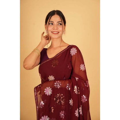 Isadora Life Womens Floral Sequined Maroon Pre-Draped Saree With Unstitched Blouse