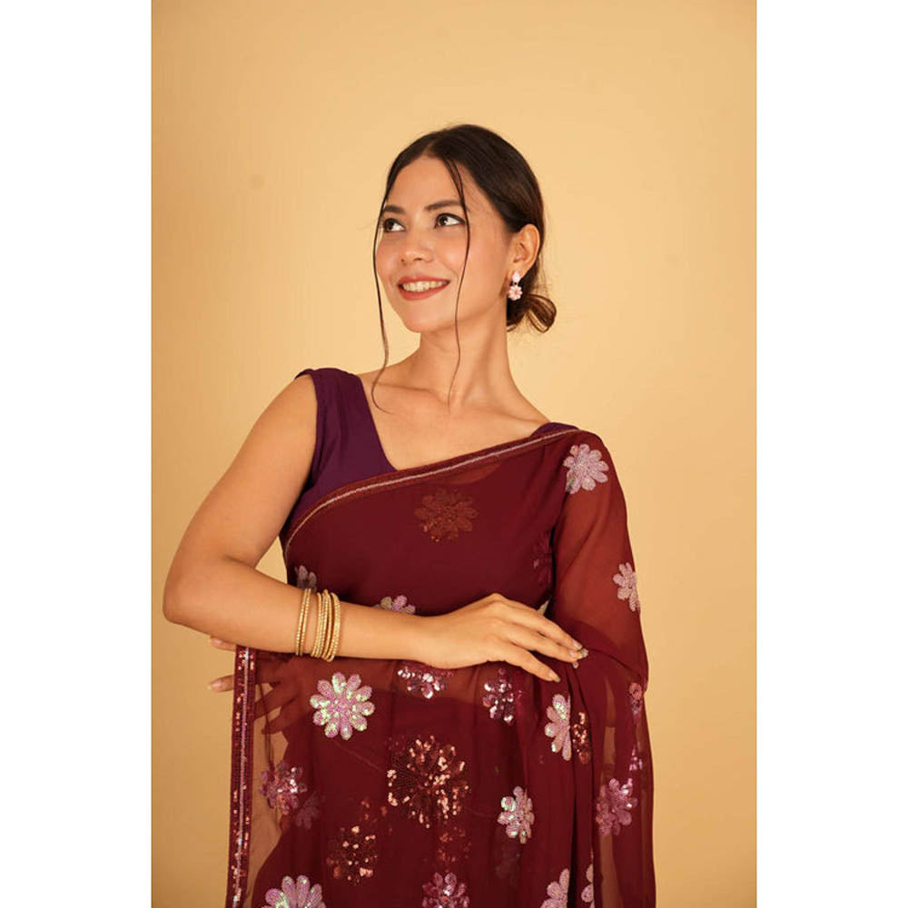 Isadora Life Womens Floral Sequined Maroon Pre-Draped Saree With Unstitched Blouse