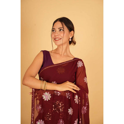 Isadora Life Womens Floral Sequined Maroon Pre-Draped Saree With Unstitched Blouse