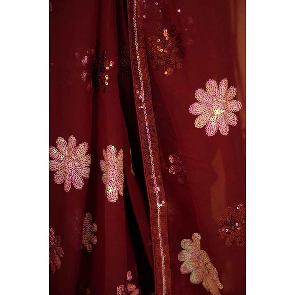 Isadora Life Womens Floral Sequined Maroon Pre-Draped Saree With Unstitched Blouse