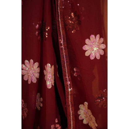 Isadora Life Womens Floral Sequined Maroon Pre-Draped Saree With Unstitched Blouse