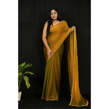Isadora Life Womens Solid Embroidered Mustard Pre-Draped Saree With Unstitched Blouse
