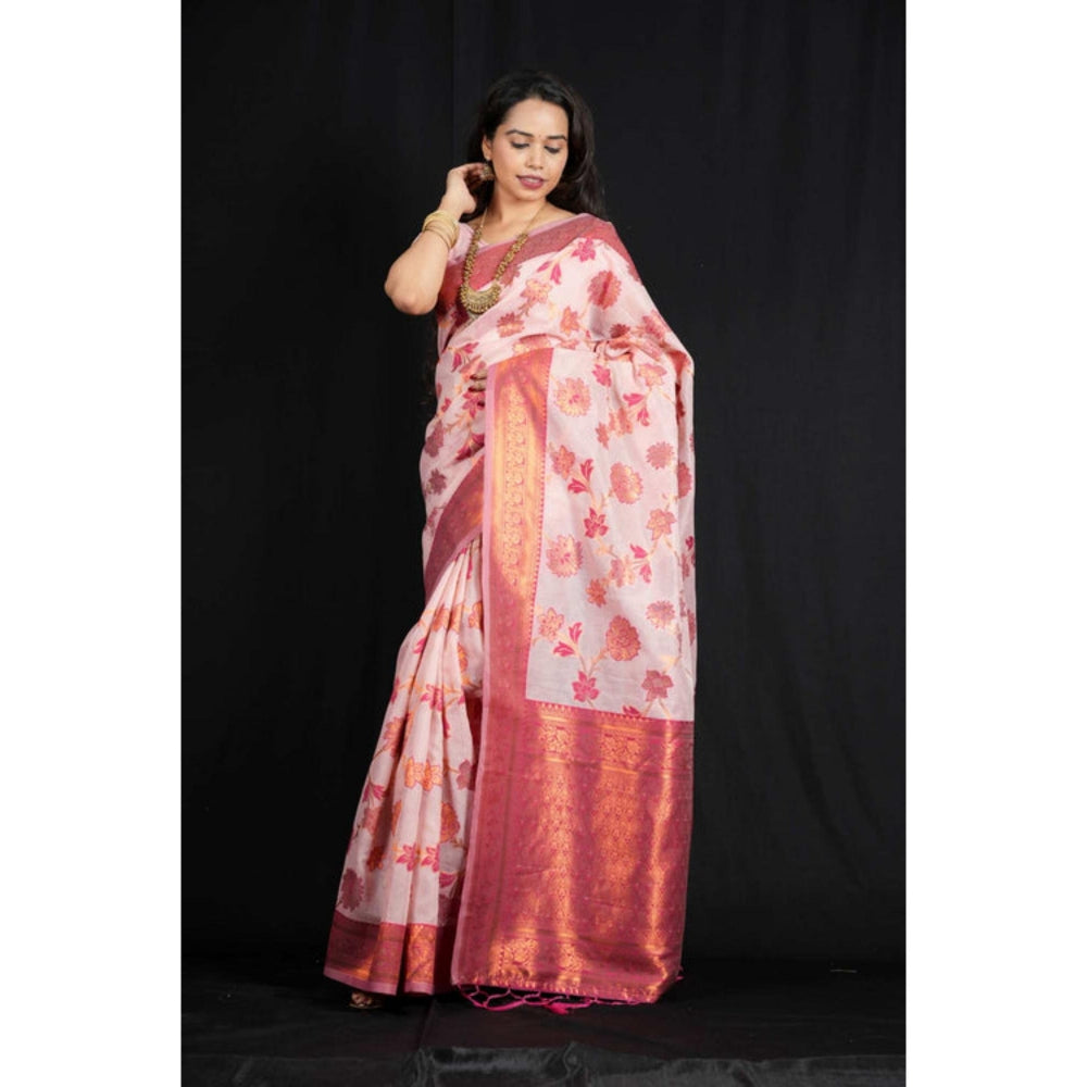 Isadora Life Womens Floral Zari Pink Pre-Draped Saree With Unstitched Blouse
