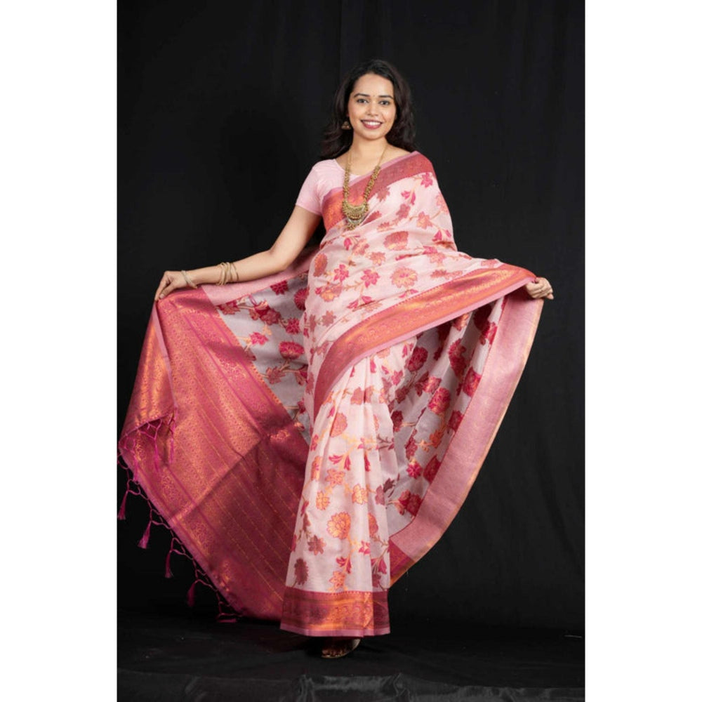 Isadora Life Womens Floral Zari Pink Pre-Draped Saree With Unstitched Blouse