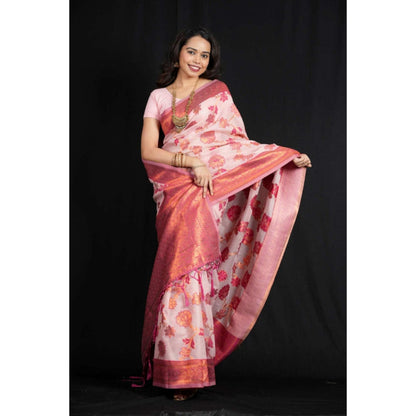 Isadora Life Womens Floral Zari Pink Pre-Draped Saree With Unstitched Blouse