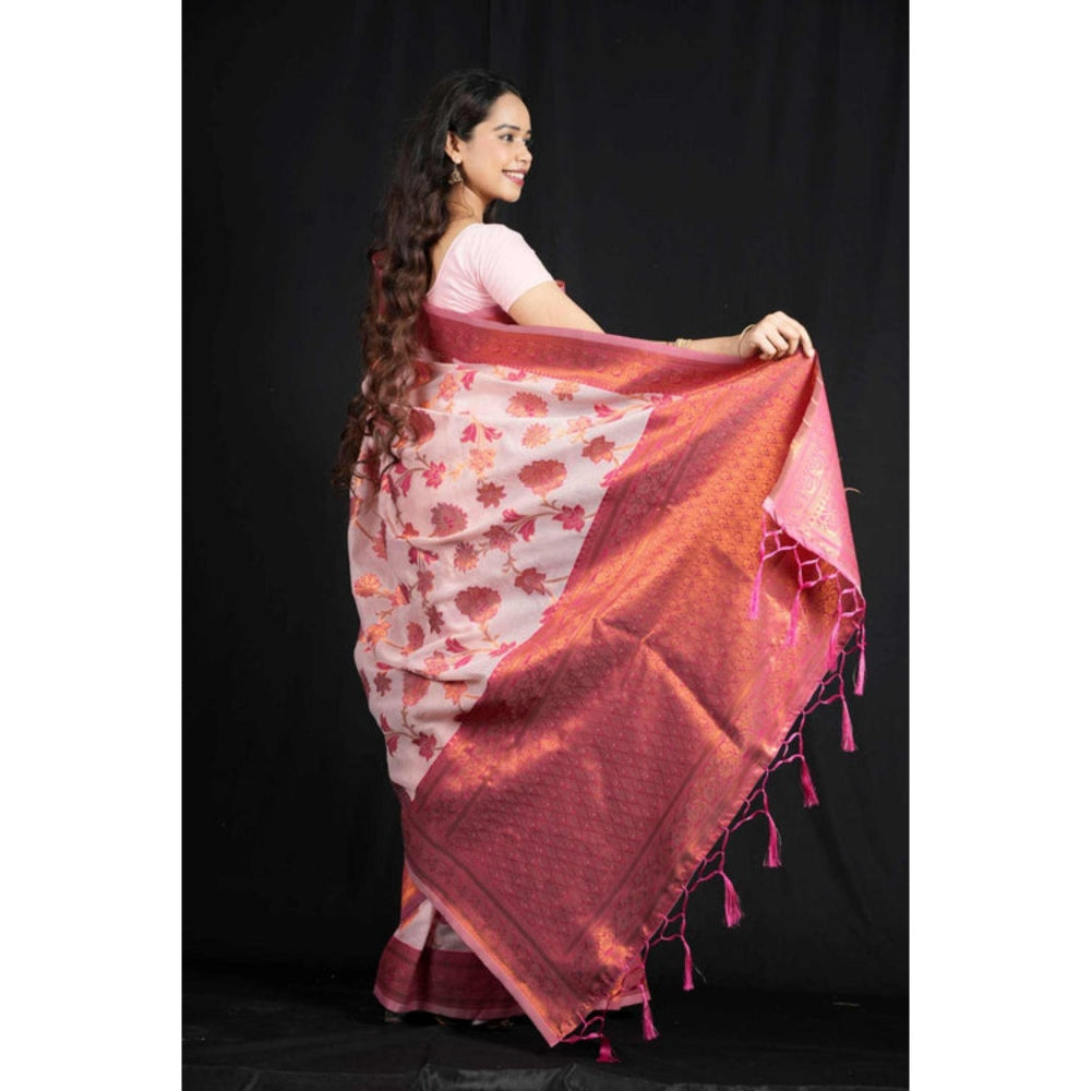 Isadora Life Womens Floral Zari Pink Pre-Draped Saree With Unstitched Blouse