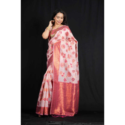 Isadora Life Womens Floral Zari Pink Pre-Draped Saree With Unstitched Blouse