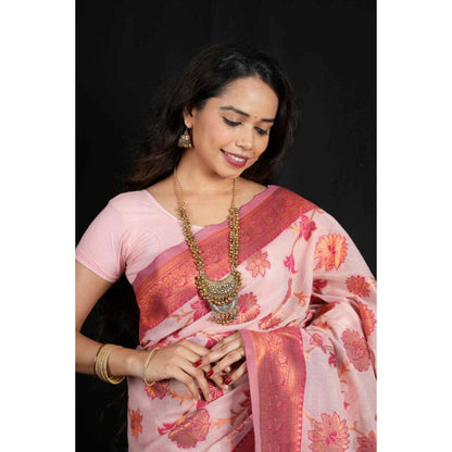 Isadora Life Womens Floral Zari Pink Pre-Draped Saree With Unstitched Blouse