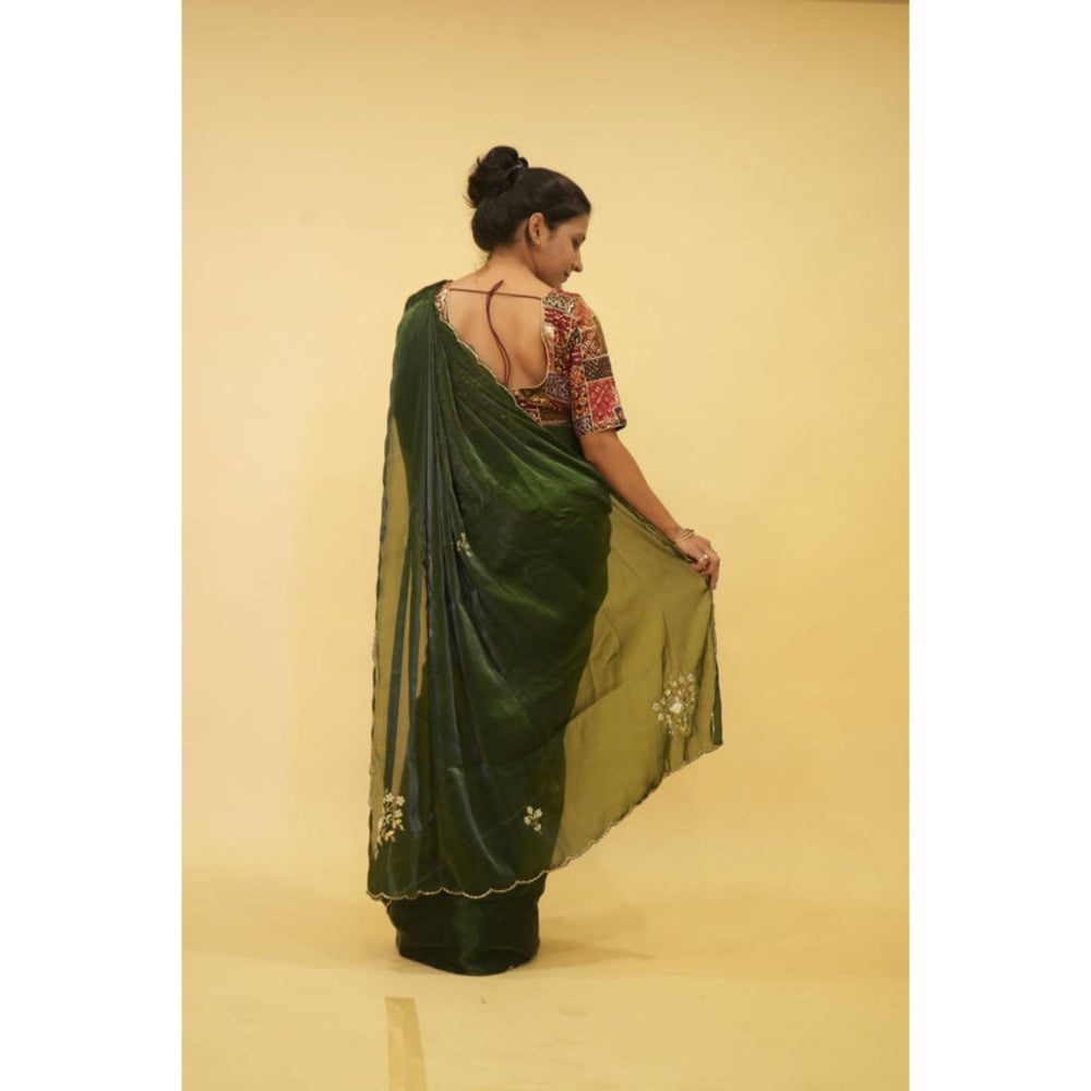Isadora Life Womens Embroidered Sequined Green Pre-Draped Saree With Unstitched Blouse