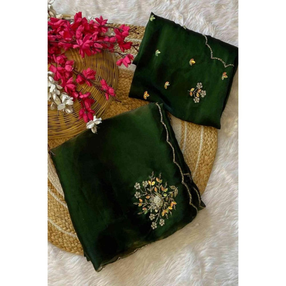 Isadora Life Womens Embroidered Sequined Green Pre-Draped Saree With Unstitched Blouse