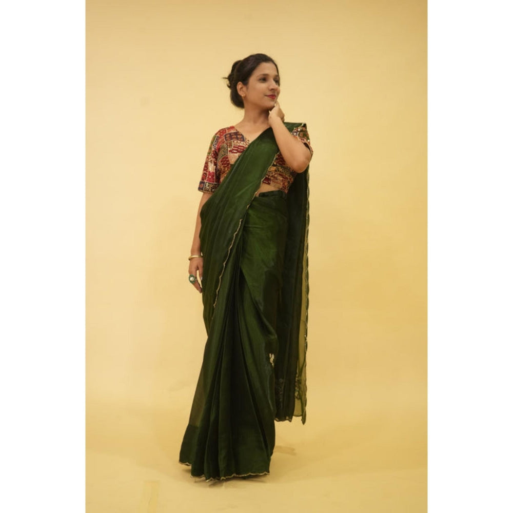 Isadora Life Womens Embroidered Sequined Green Pre-Draped Saree With Unstitched Blouse