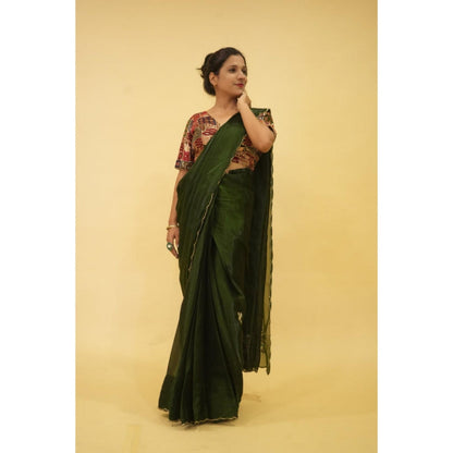 Isadora Life Womens Embroidered Sequined Green Pre-Draped Saree With Unstitched Blouse