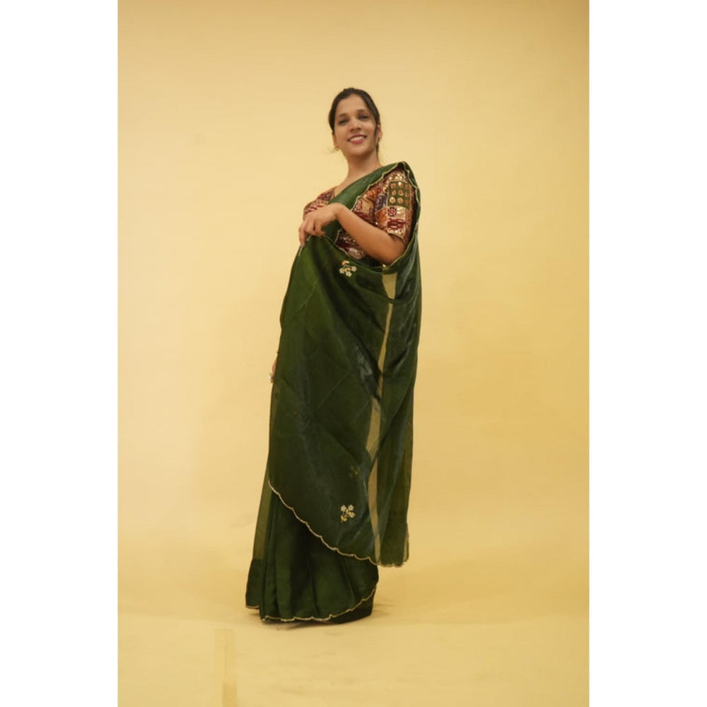 Isadora Life Womens Embroidered Sequined Green Pre-Draped Saree With Unstitched Blouse