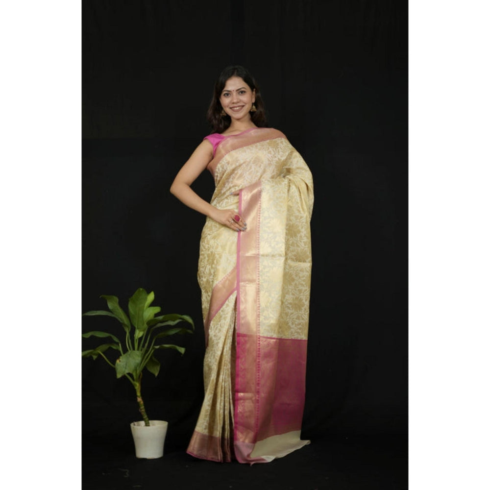 Isadora Life Womens Woven Zari Ivory Pre-Draped Saree With Unstitched Blouse