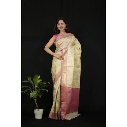 Isadora Life Womens Woven Zari Ivory Pre-Draped Saree With Unstitched Blouse