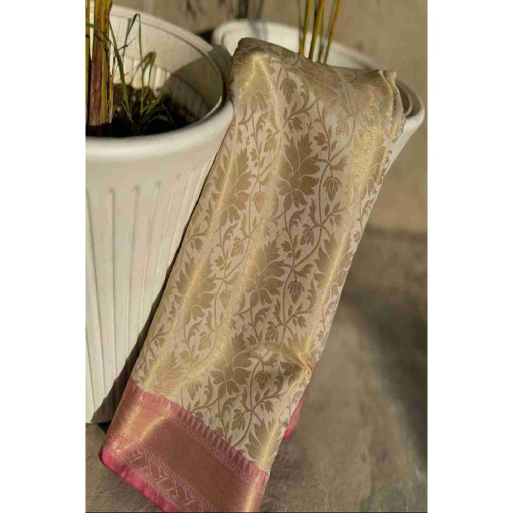 Isadora Life Womens Woven Zari Ivory Pre-Draped Saree With Unstitched Blouse