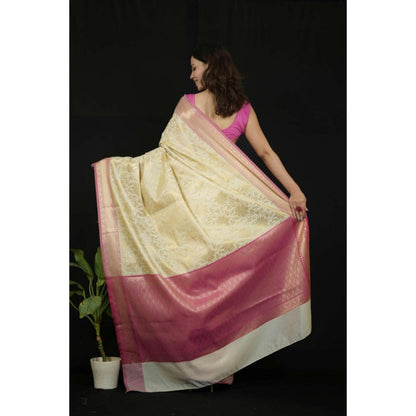 Isadora Life Womens Woven Zari Ivory Pre-Draped Saree With Unstitched Blouse