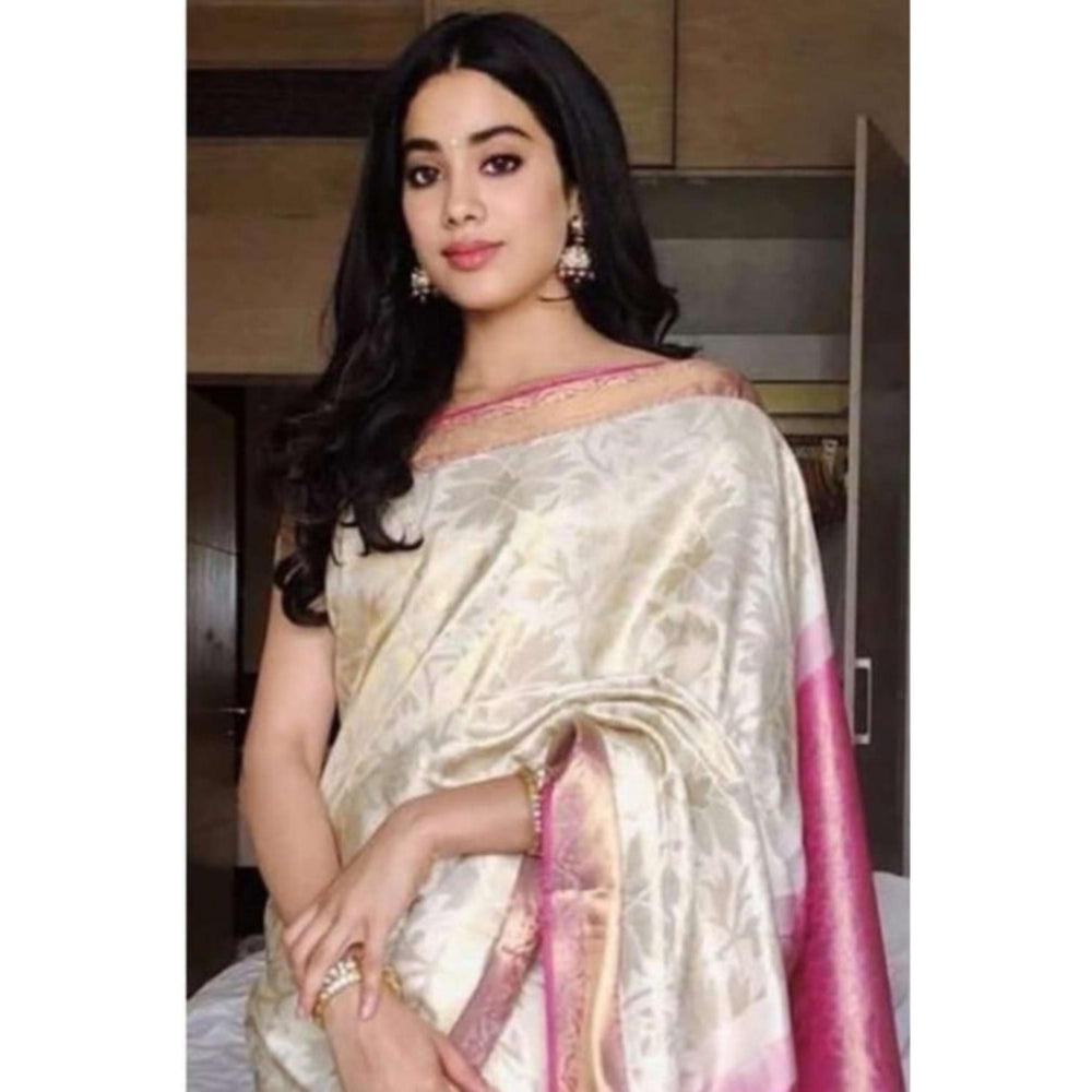 Isadora Life Womens Woven Zari Ivory Pre-Draped Saree With Unstitched Blouse