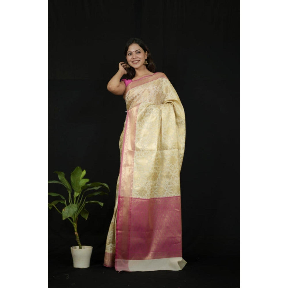 Isadora Life Womens Woven Zari Ivory Pre-Draped Saree With Unstitched Blouse