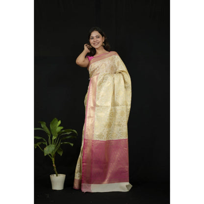 Isadora Life Womens Woven Zari Ivory Pre-Draped Saree With Unstitched Blouse