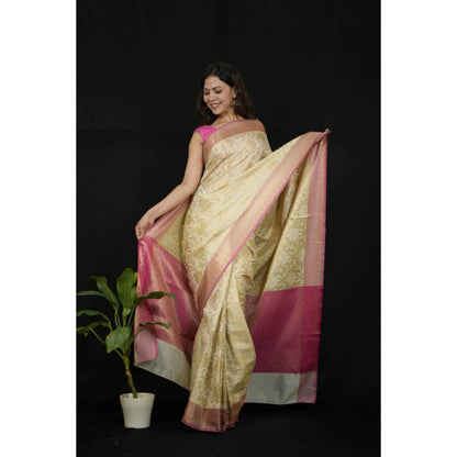 Isadora Life Womens Woven Zari Ivory Pre-Draped Saree With Unstitched Blouse