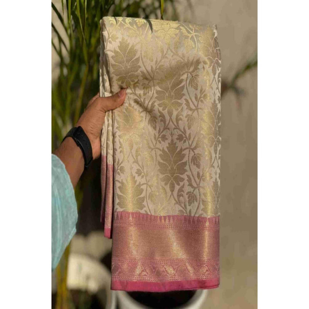 Isadora Life Womens Woven Zari Ivory Pre-Draped Saree With Unstitched Blouse