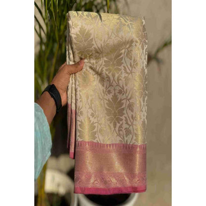 Isadora Life Womens Woven Zari Ivory Pre-Draped Saree With Unstitched Blouse
