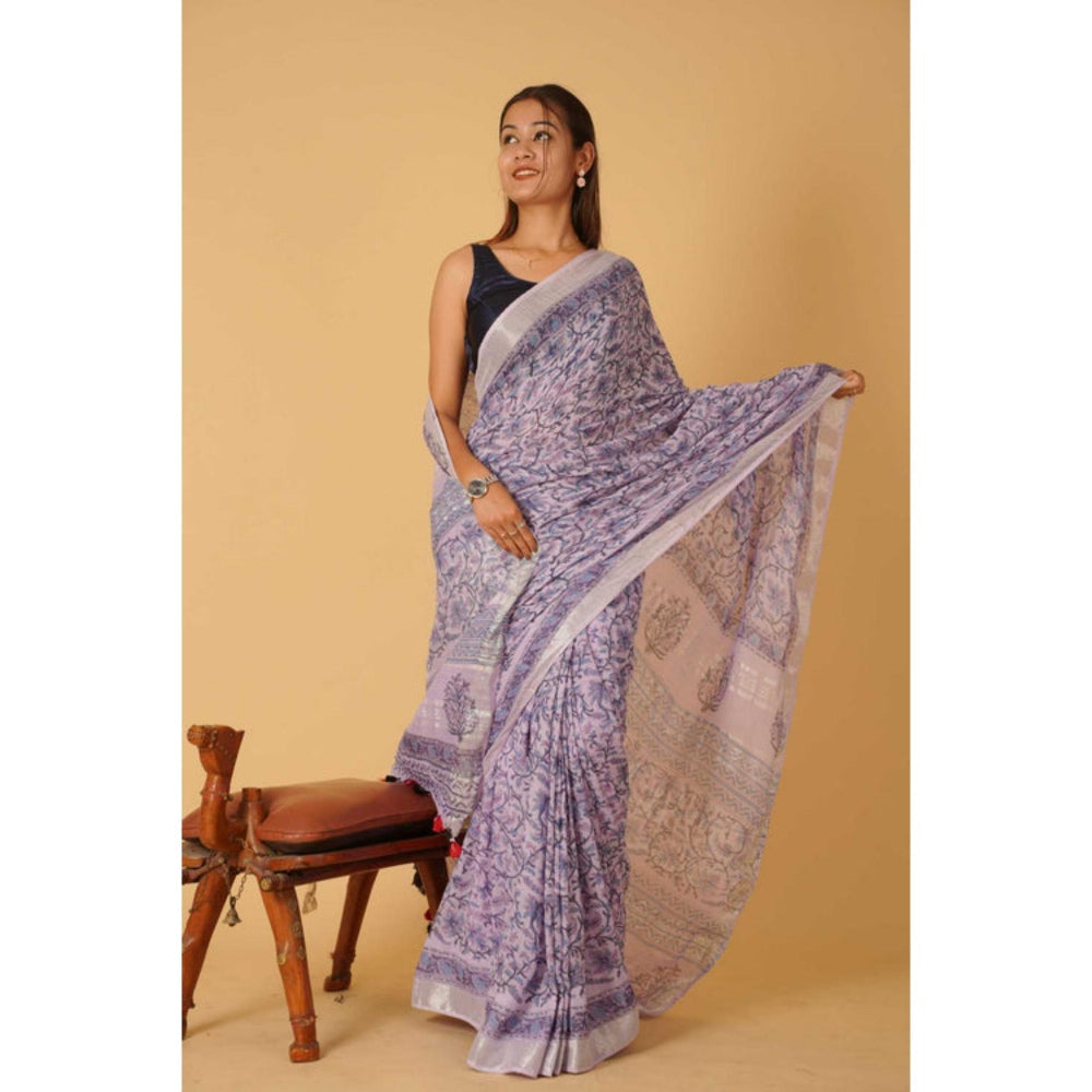 Isadora Life Womens Floral Tassels Lavender Pre-Draped Saree With Unstitched Blouse