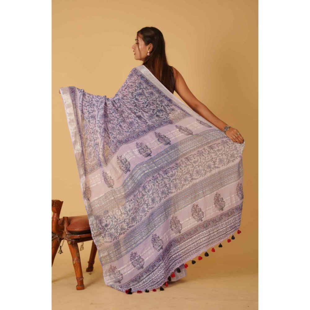 Isadora Life Womens Floral Tassels Lavender Pre-Draped Saree With Unstitched Blouse