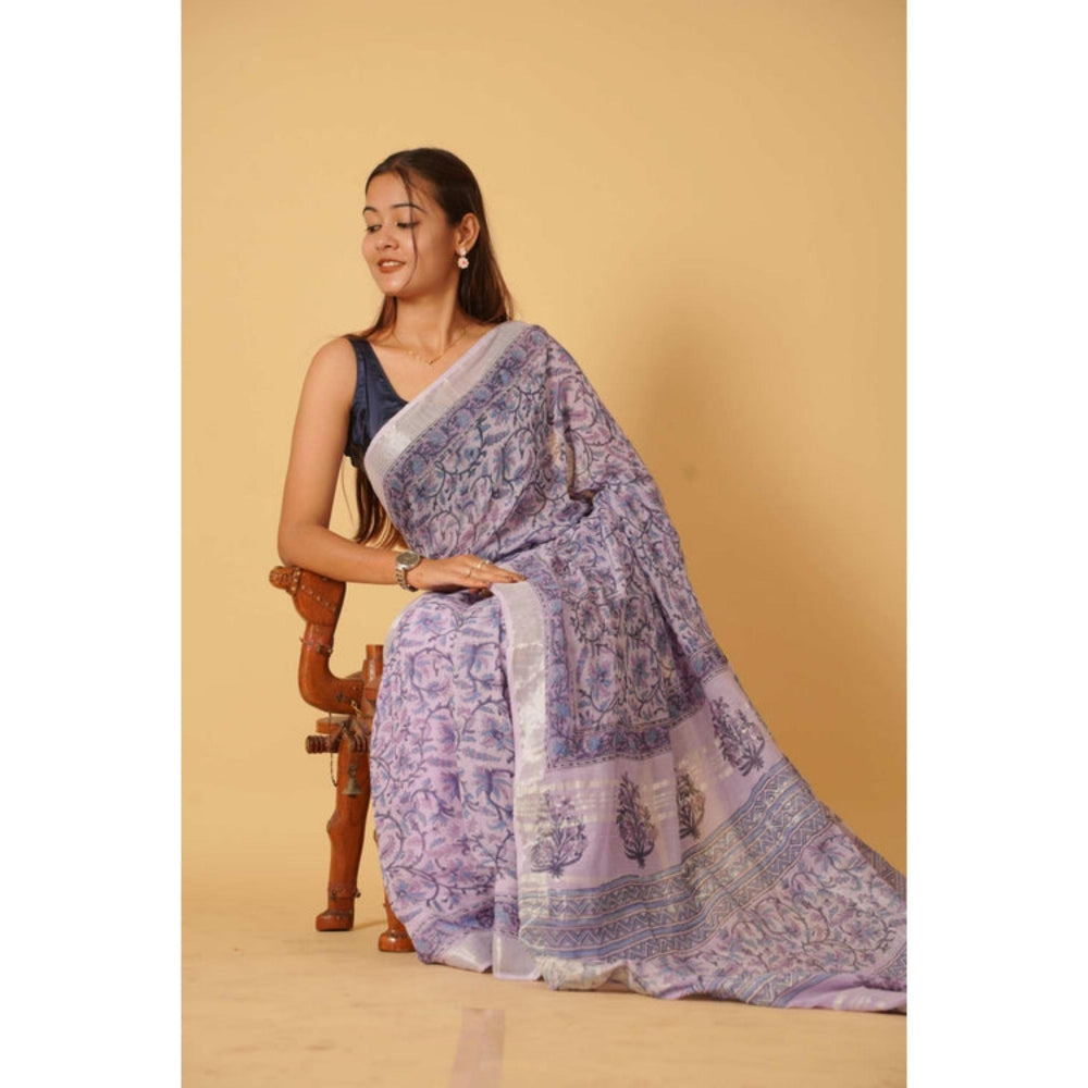 Isadora Life Womens Floral Tassels Lavender Pre-Draped Saree With Unstitched Blouse