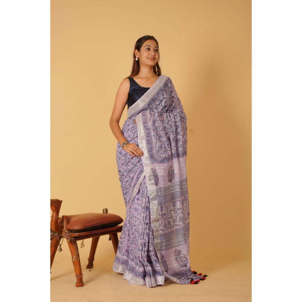 Isadora Life Womens Floral Tassels Lavender Pre-Draped Saree With Unstitched Blouse