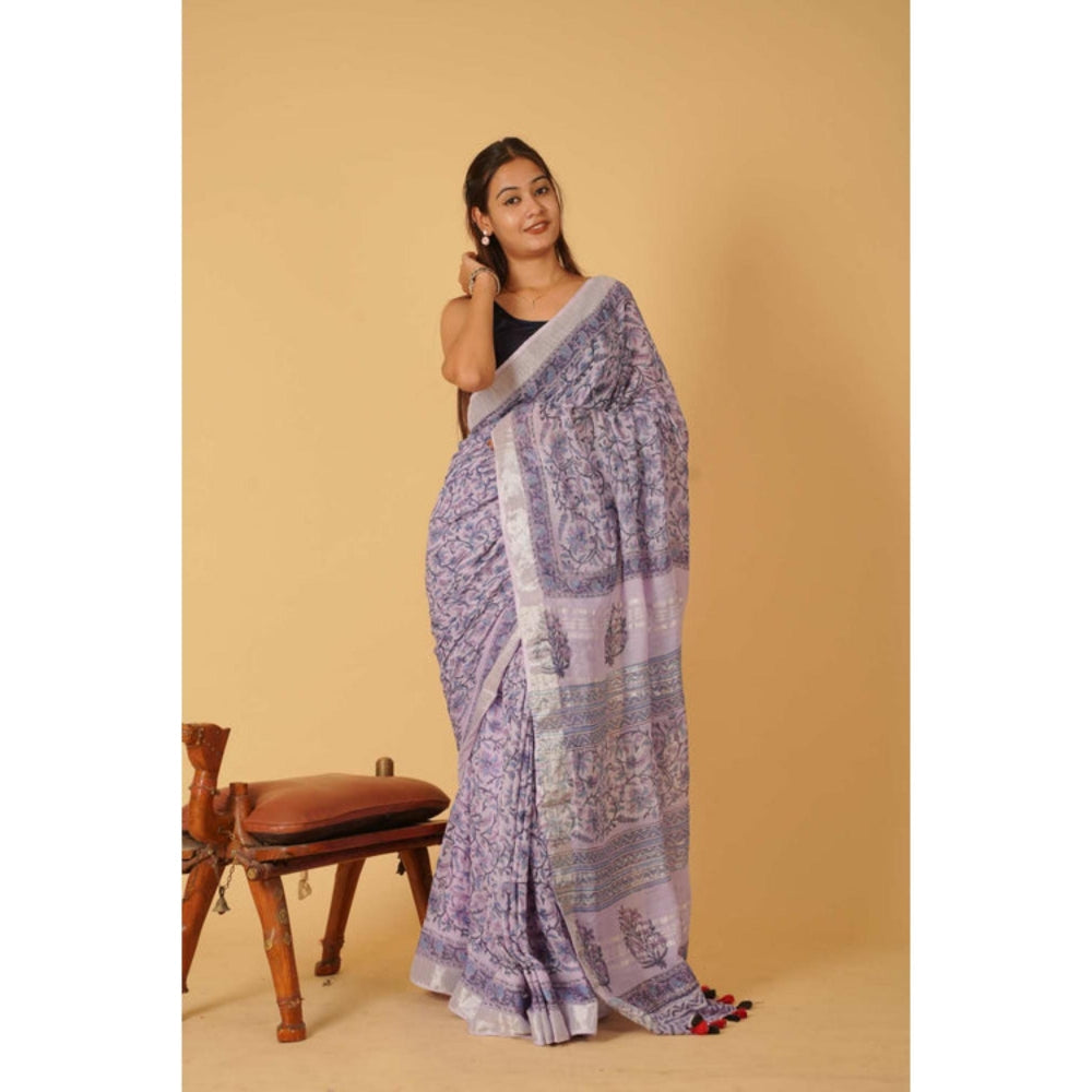Isadora Life Womens Floral Tassels Lavender Pre-Draped Saree With Unstitched Blouse