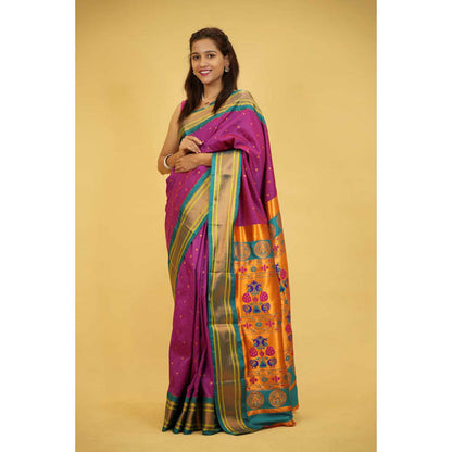 Isadora Life Womens Woven Zari Purple Pre-Draped Saree With Unstitched Blouse