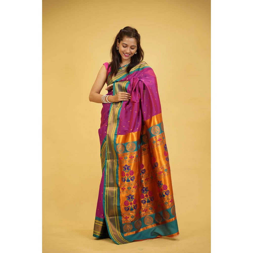 Isadora Life Womens Woven Zari Purple Pre-Draped Saree With Unstitched Blouse