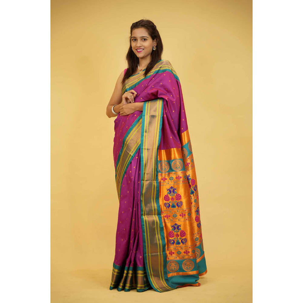 Isadora Life Womens Woven Zari Purple Pre-Draped Saree With Unstitched Blouse