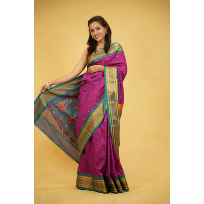 Isadora Life Womens Woven Zari Purple Pre-Draped Saree With Unstitched Blouse