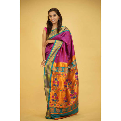 Isadora Life Womens Woven Zari Purple Pre-Draped Saree With Unstitched Blouse